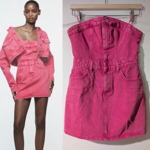 NEW! Zara | Barbie Collection Strapless Denim Mini Dress In Pink